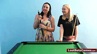 A Blonde And A Brunette Have Fun With A Billiard Stick And Their Big Natural Assets.