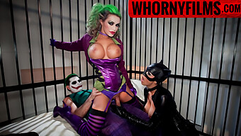 Joker And Cat Woman'S Erotic Encounter With A Busty Brunette In A Wild Threesome