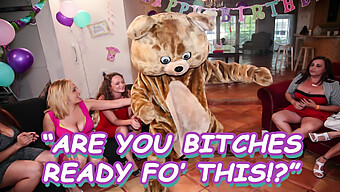 A Group Of Friends Celebrate A Birthday With A Dancing Bear And Latina Hottie