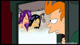 Parodie De Dessin Animé Futurama Avec Un Trio Sous La Douche Chaude